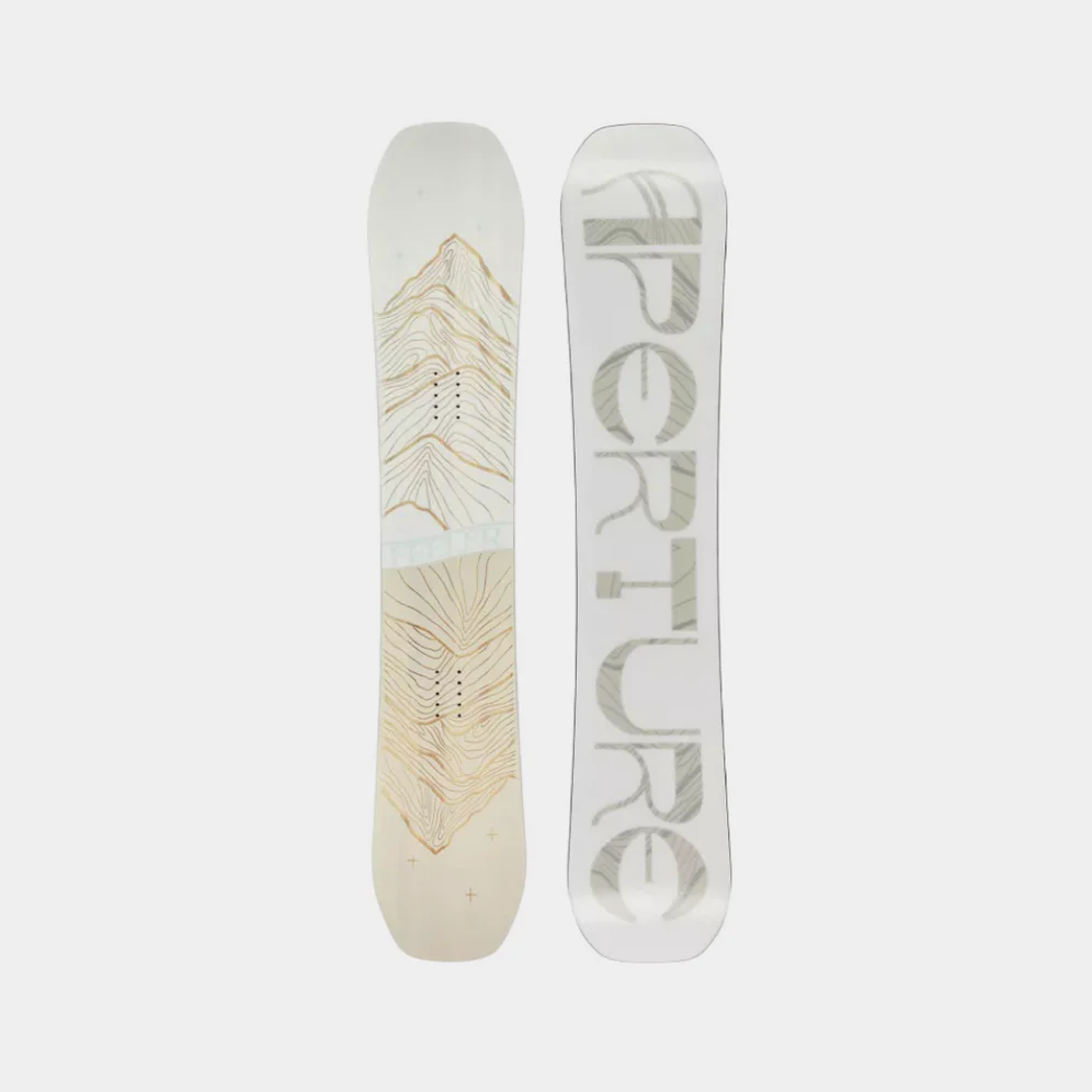 Top and bottom views of an "APERTURE" snowboard with a mountain design.